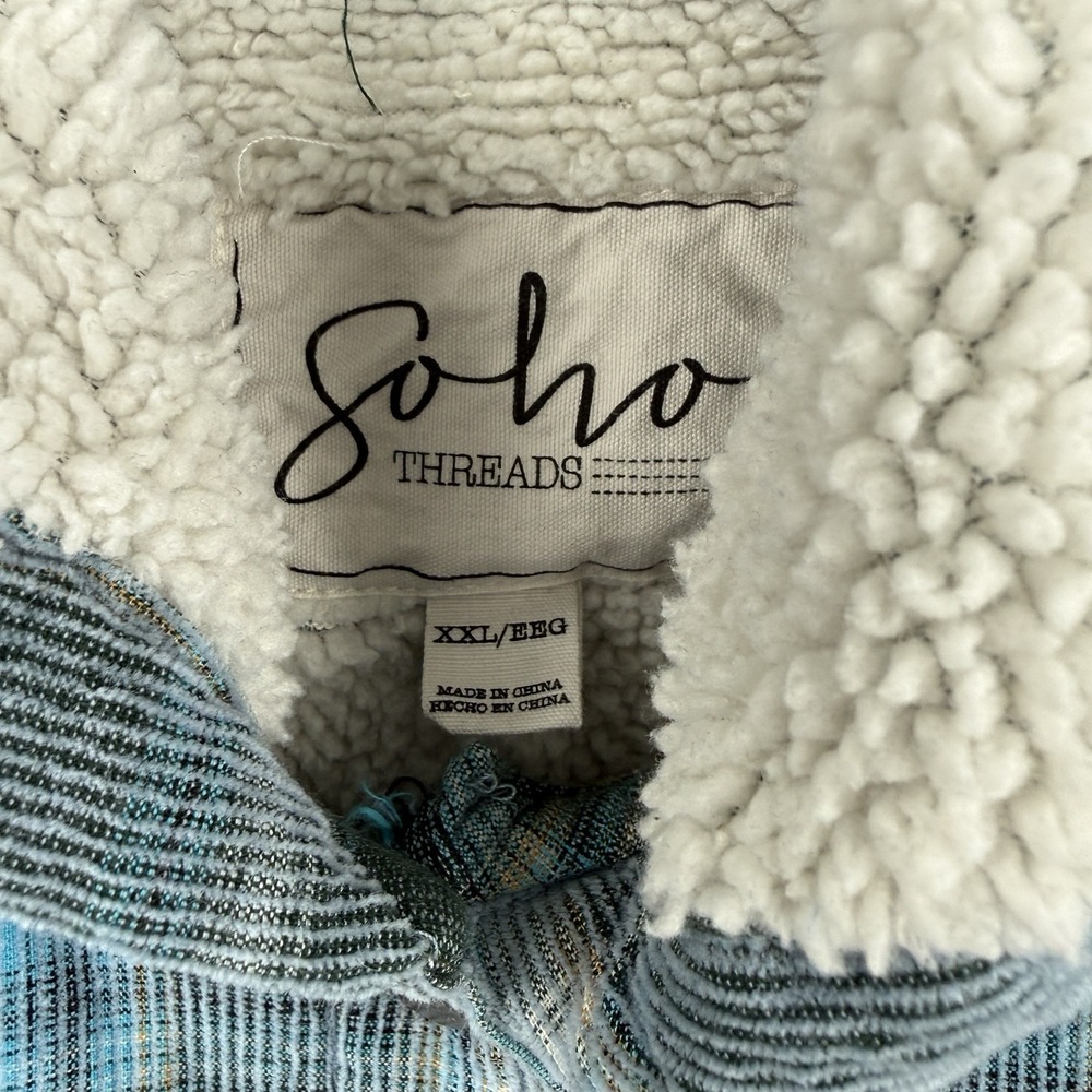 Soho Threads Womens Blue Plaid Corduroy Flannel Sherpa Lined Hooded Shacket XXL - Picture 5 of 10